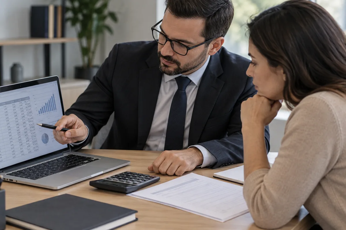 Profissional analisa contrato, taxa e amortização com cliente