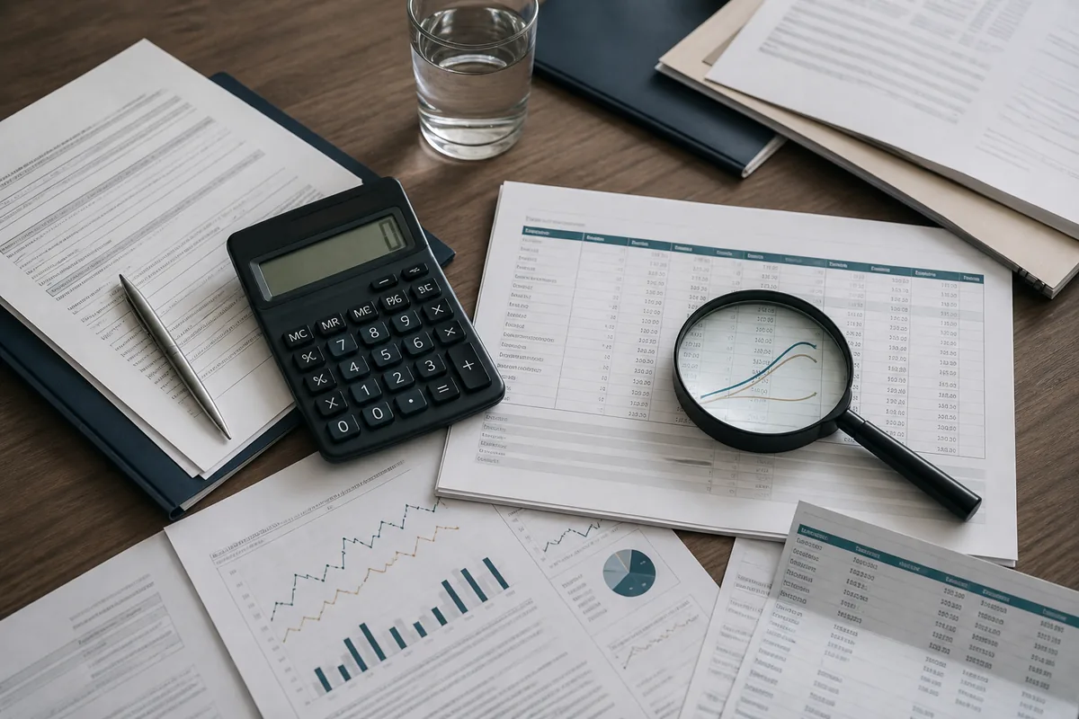 Calculadora e documentos usados na análise de juros bancários