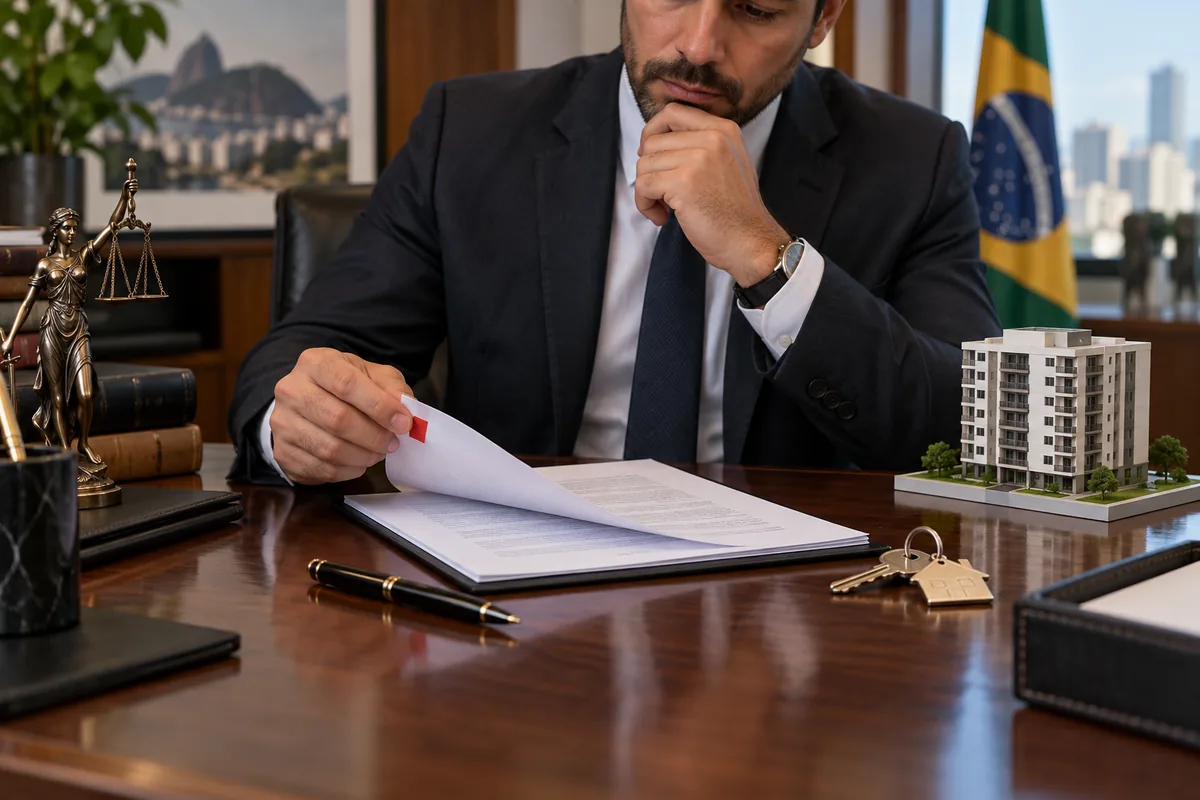 Advogado analisando contrato para cancelamento de compra de imóvel