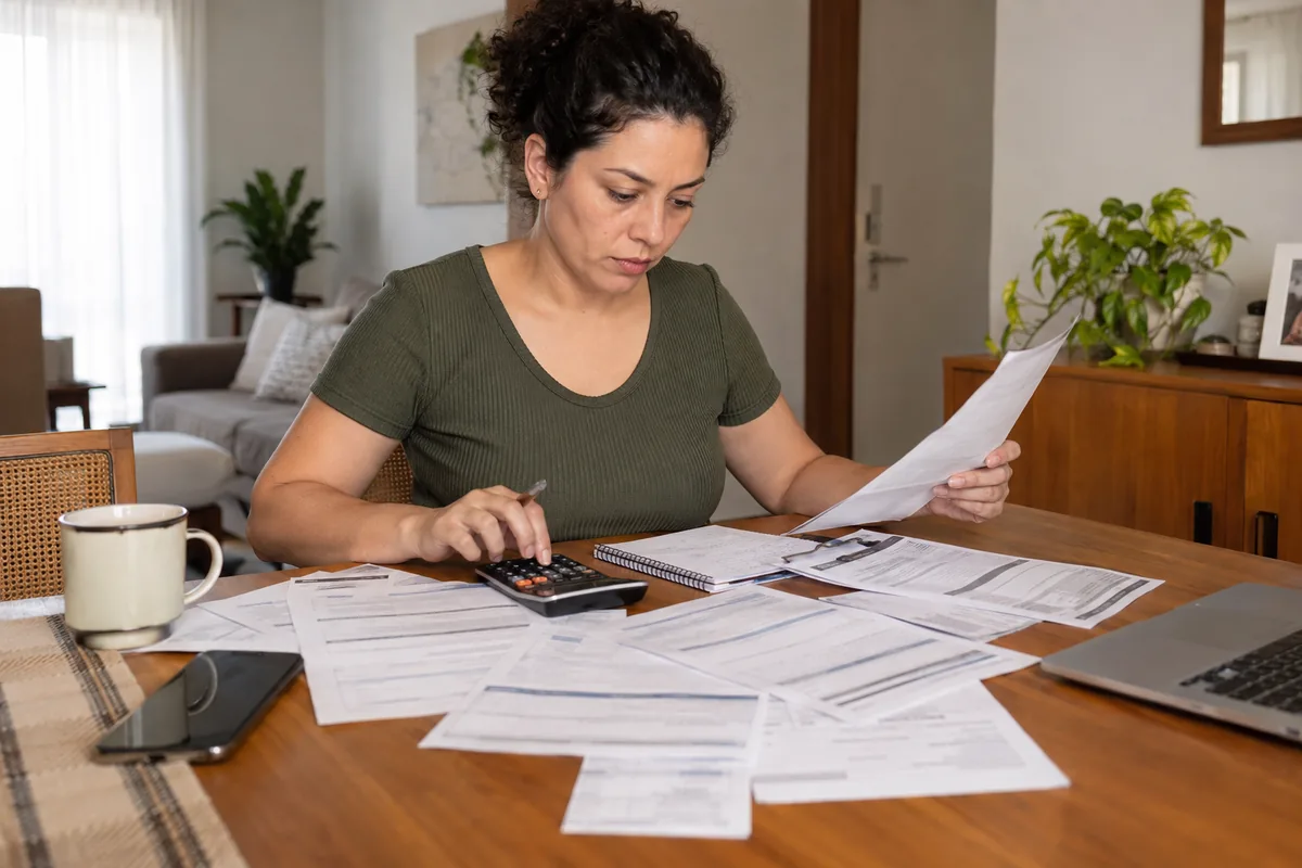 Consumidora organiza contratos e extratos para analisar dívidas bancárias