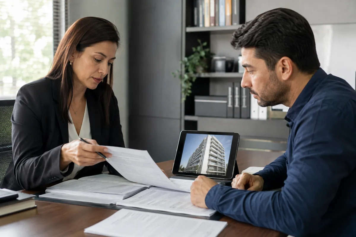 Advogada e cliente analisam edital e matrícula de imóvel