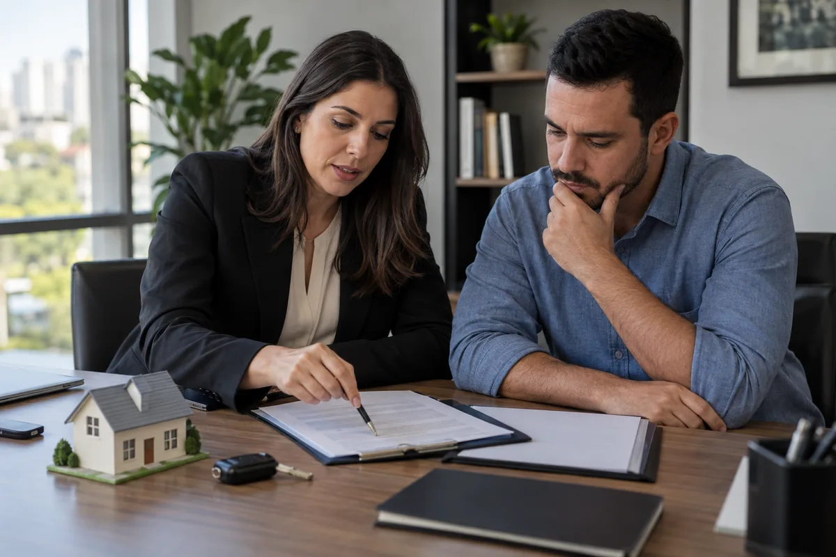 Advogada e cliente analisam imóvel e veículo dados em garantia bancária