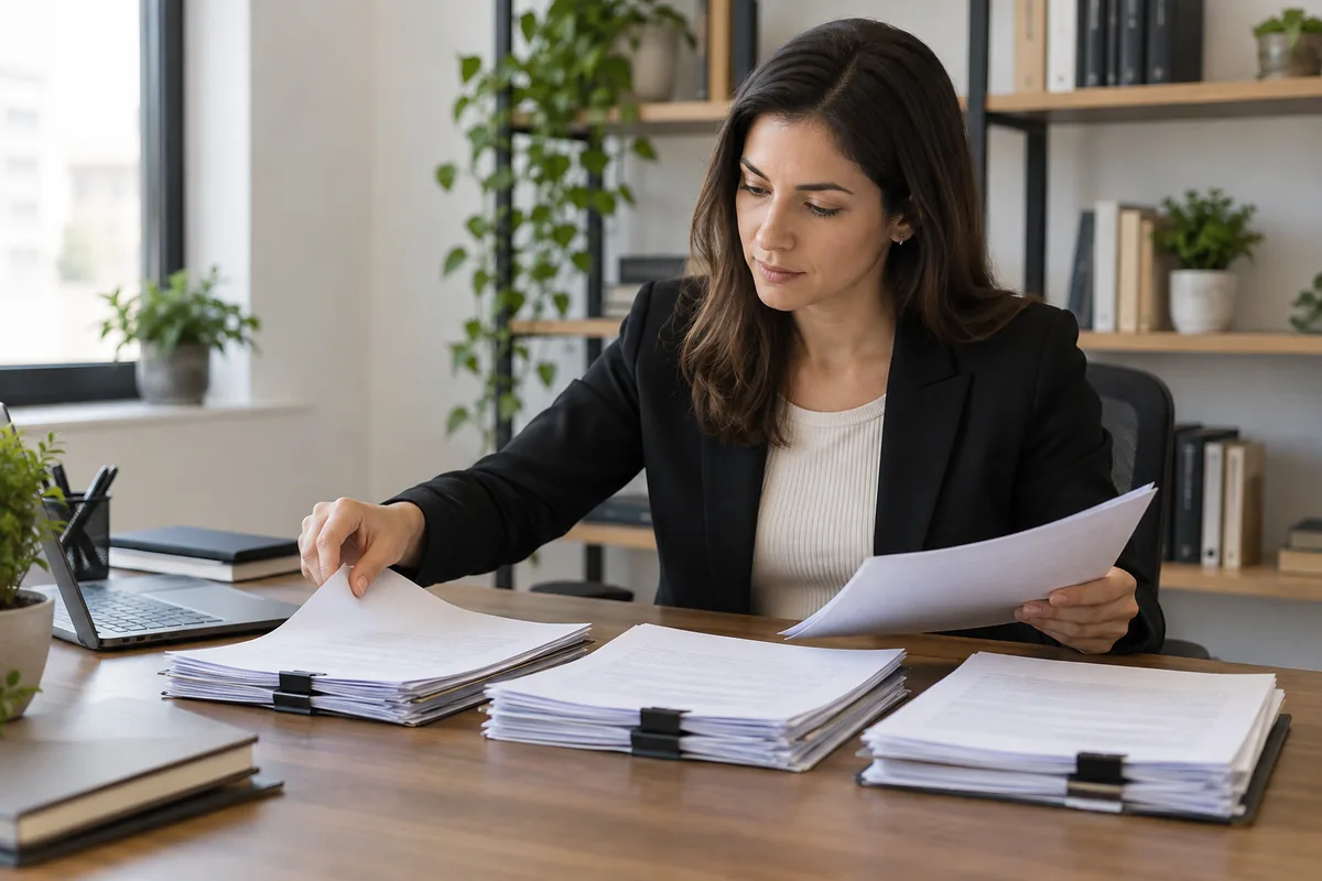 Profissional organiza documentos de concessão, provas e decisão previdenciária