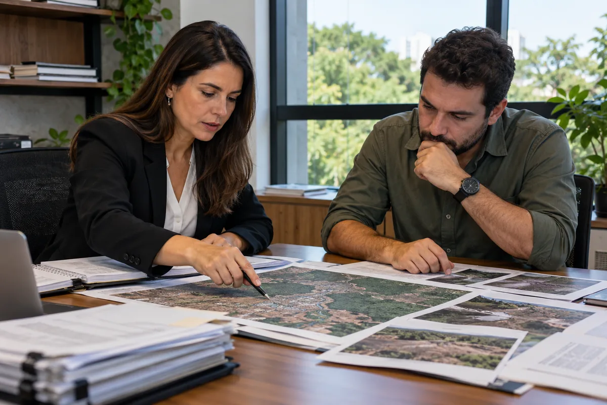 Advogada e engenheiro analisam mapas e fotografias de autuação ambiental
