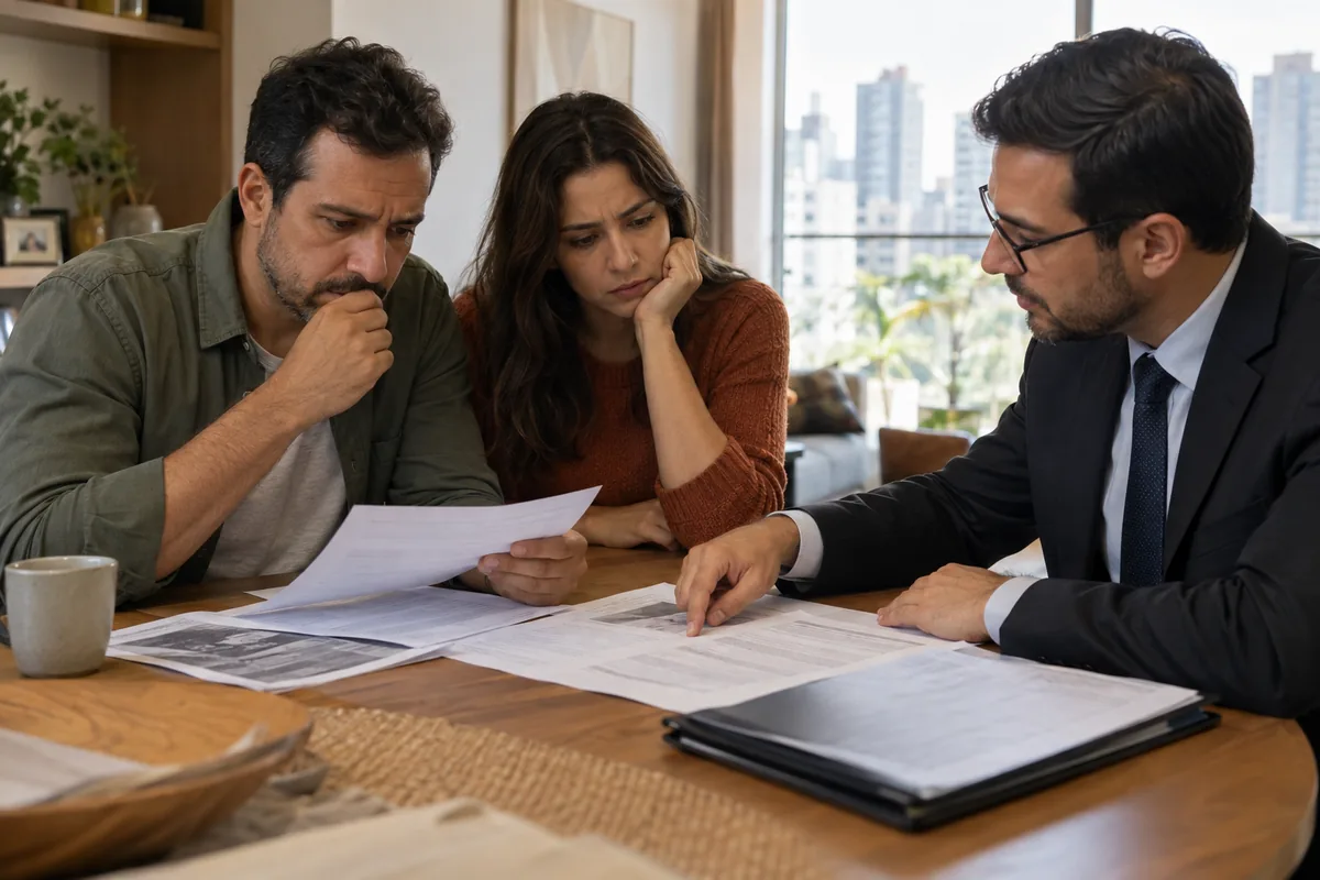 Proprietários analisam documentos do leilão do imóvel com advogado