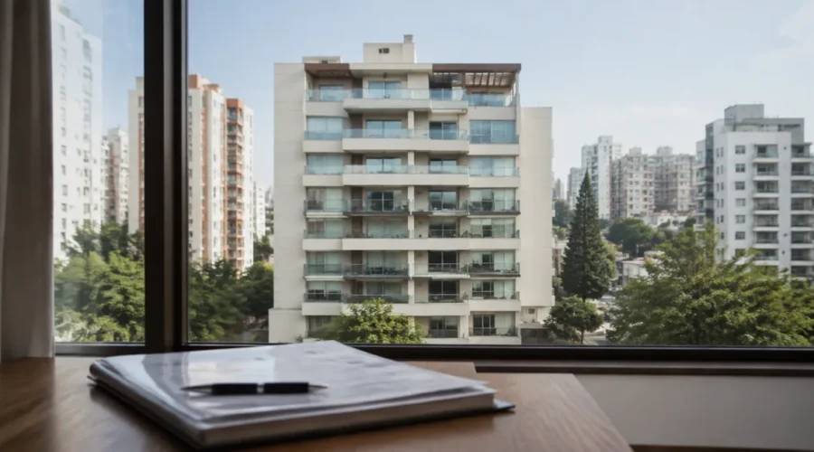 Edifício residencial e documentos para análise de leilão