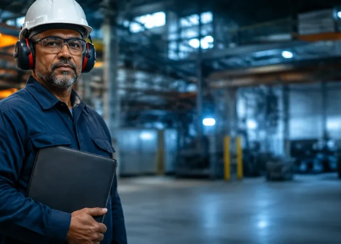 Trabalhador protegido em ambiente insalubre industrial