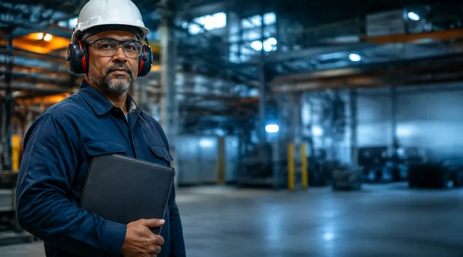 Trabalhador protegido em ambiente insalubre industrial