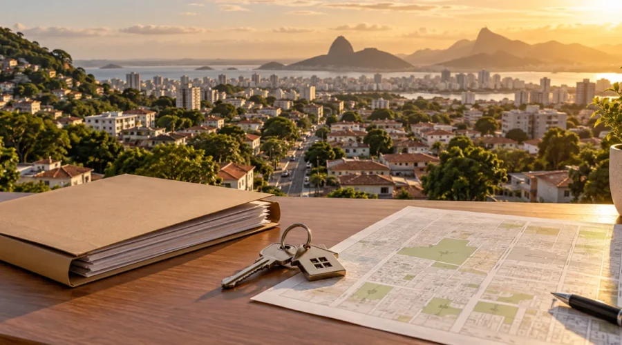 Bairro urbano, mapa cadastral, documentos e chaves de imóvel