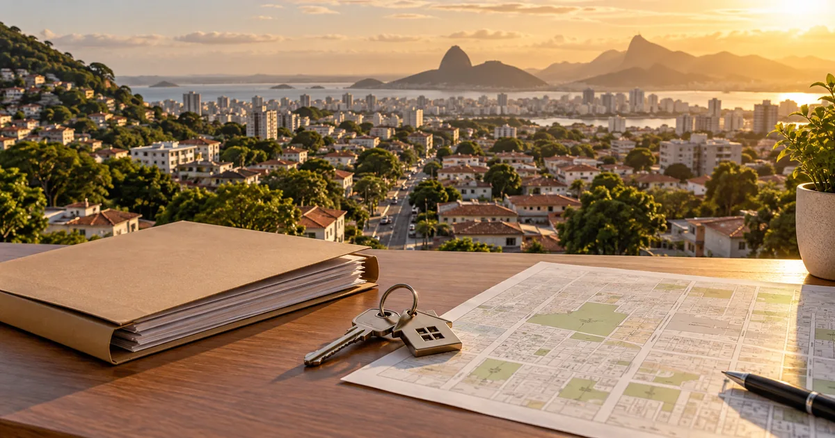 Bairro urbano, mapa cadastral, documentos e chaves de imóvel