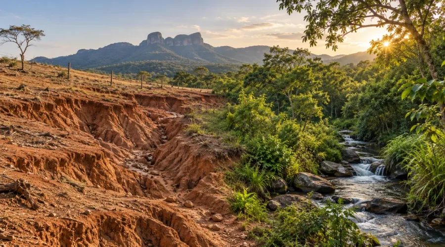 Paisagem mostra transição entre solo erodido e ecossistema recuperado
