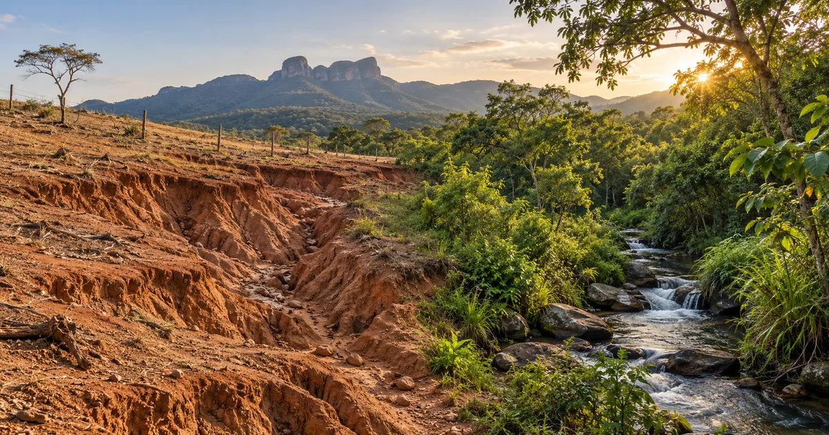 Paisagem mostra transição entre solo erodido e ecossistema recuperado
