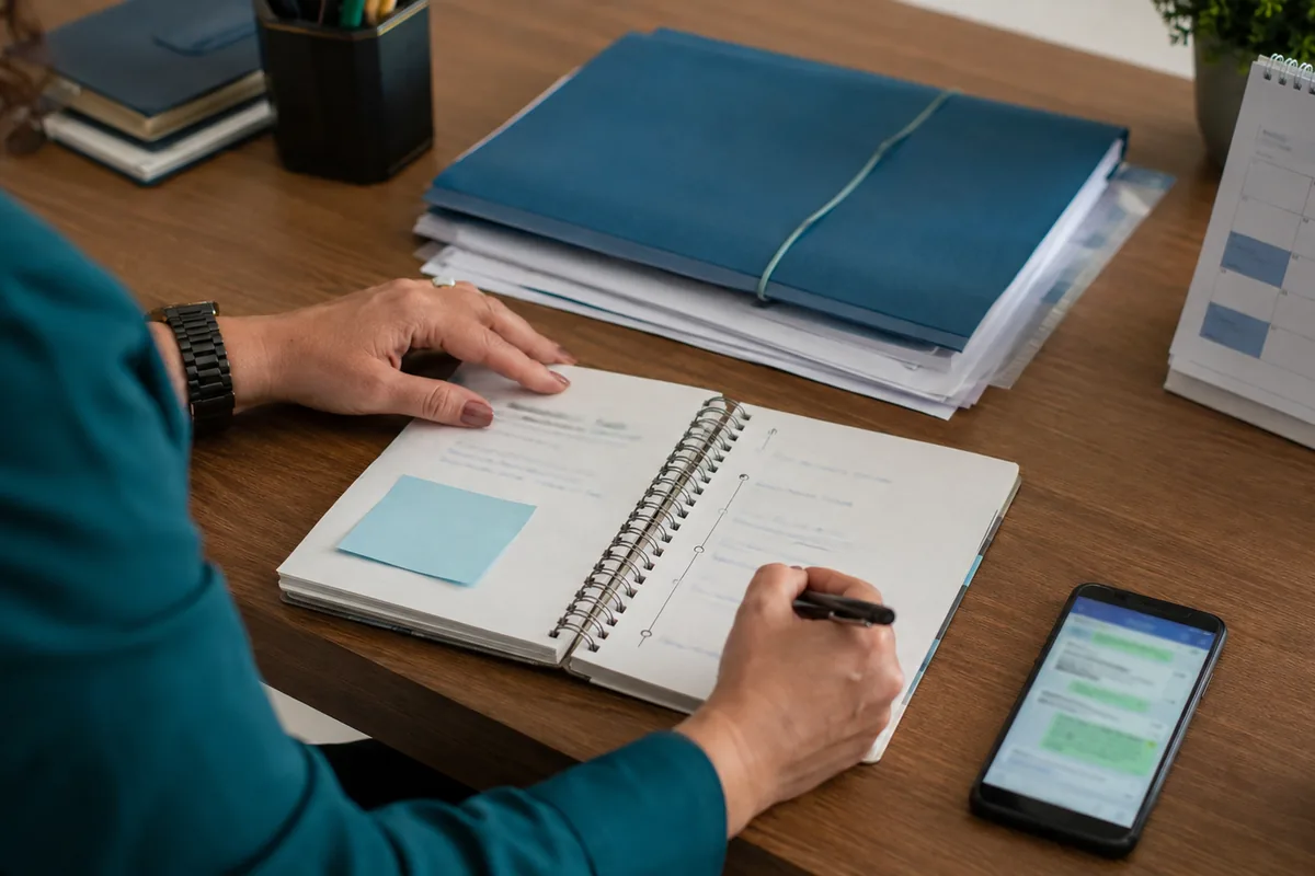 Profissional organiza cronologia, mensagens e documentos como provas