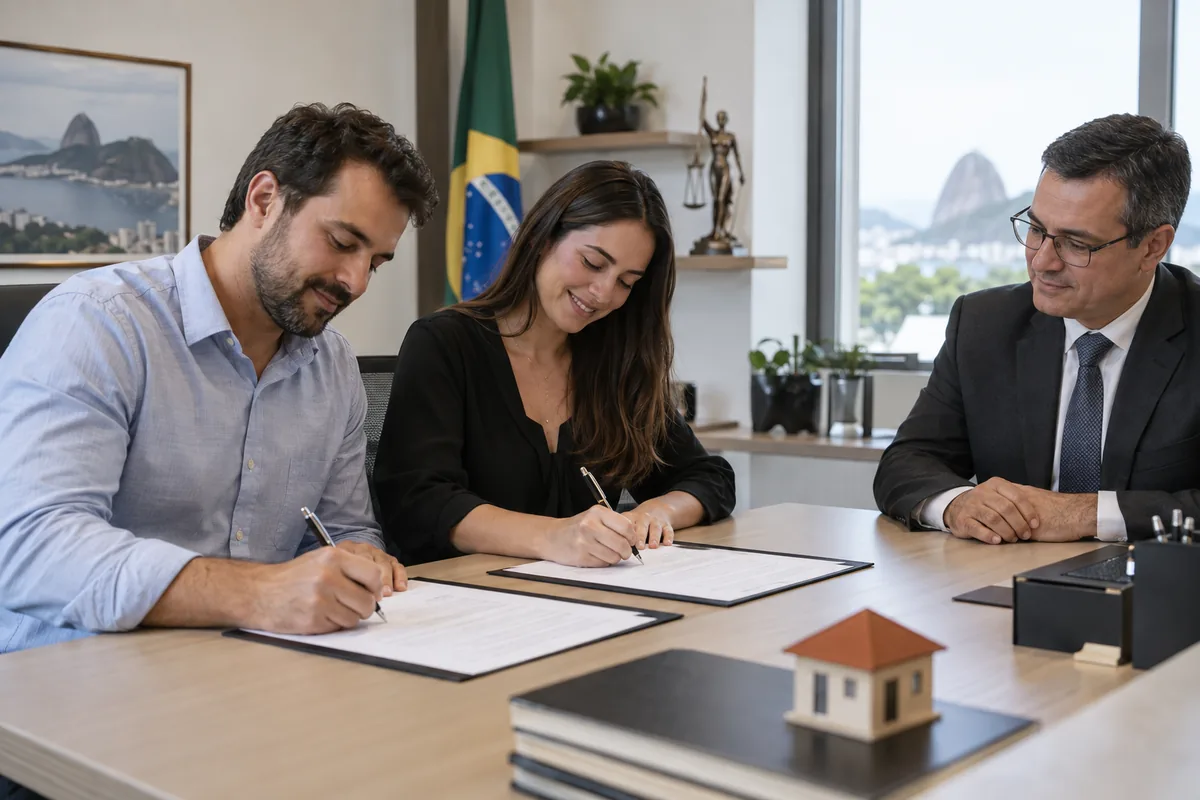 Compradores assinando a escritura do imóvel em cartório