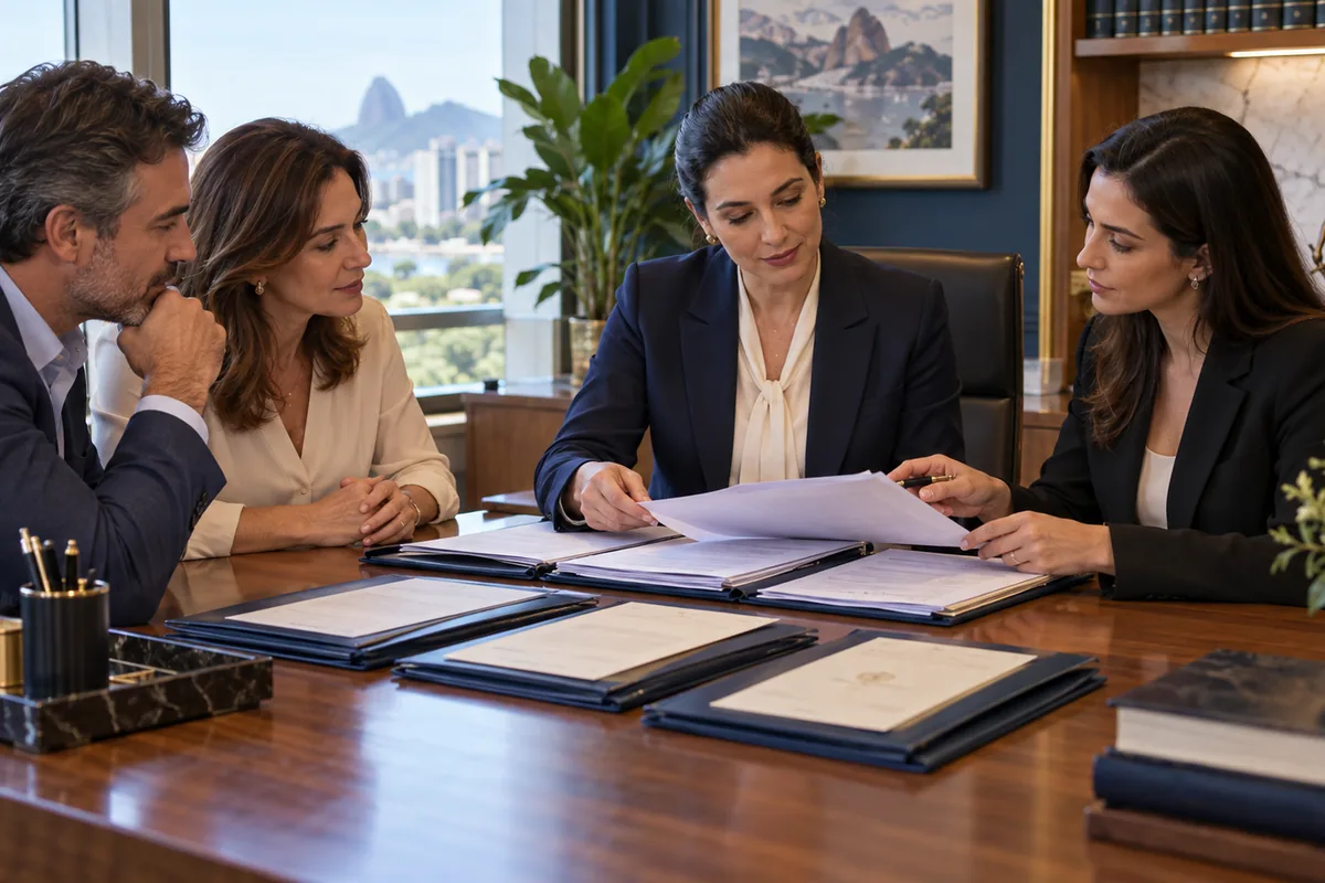 Advogada e tabeliã revisam inventário com herdeiros no cartório