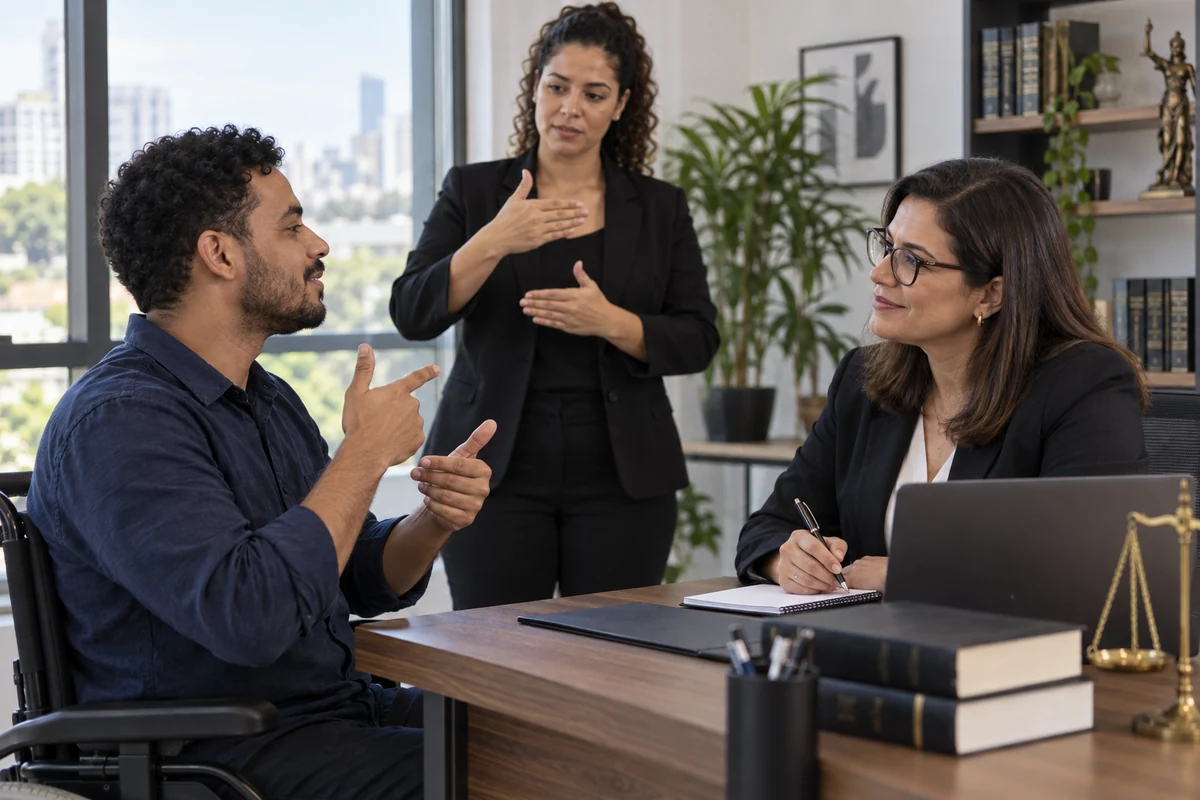 Profissional surdo conversa com advogada durante atendimento com Libras