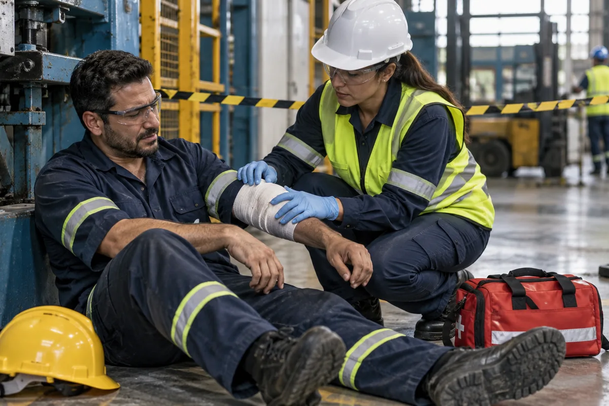 Trabalhadora presta primeiros cuidados a colega após acidente em área industrial isolada
