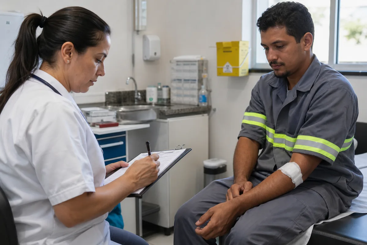 Profissional de saúde registra atendimento de trabalhador após acidente