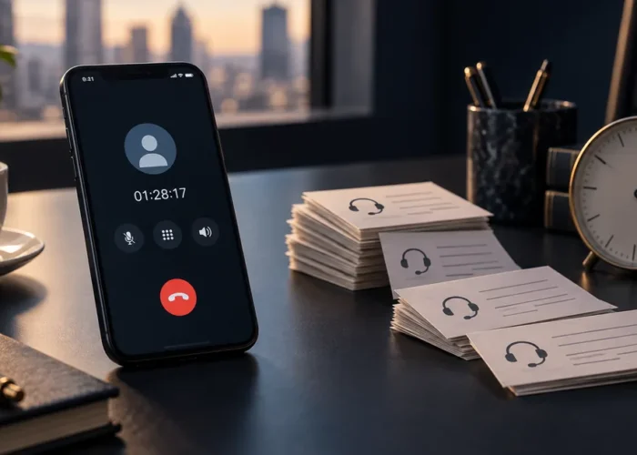 Celular com chamada longa, protocolos e relógio simbolizam mau atendimento