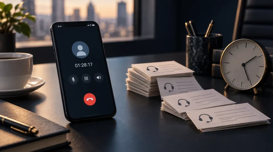 Celular com chamada longa, protocolos e relógio simbolizam mau atendimento