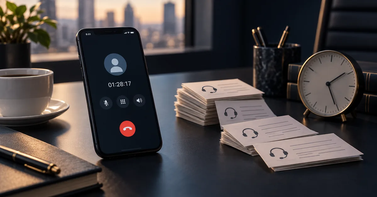 Celular com chamada longa, protocolos e relógio simbolizam mau atendimento