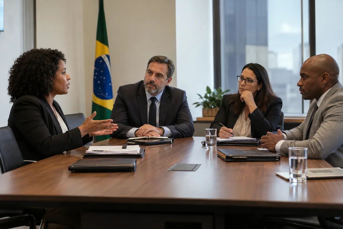 Participantes discutem provas em audiência trabalhista