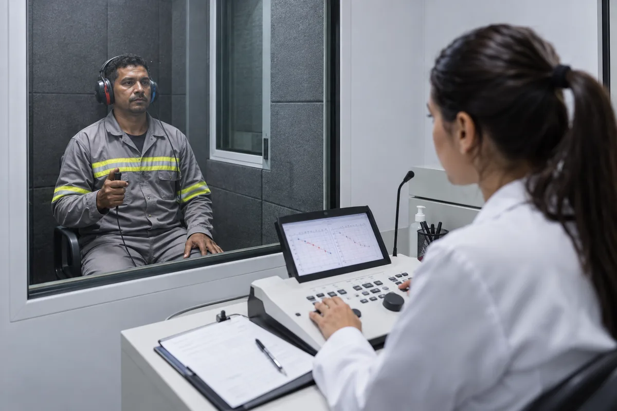 Trabalhador realiza exame de audiometria em cabine clínica