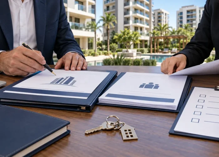 Síndico e advogado revisam checklist diante de condomínio residencial