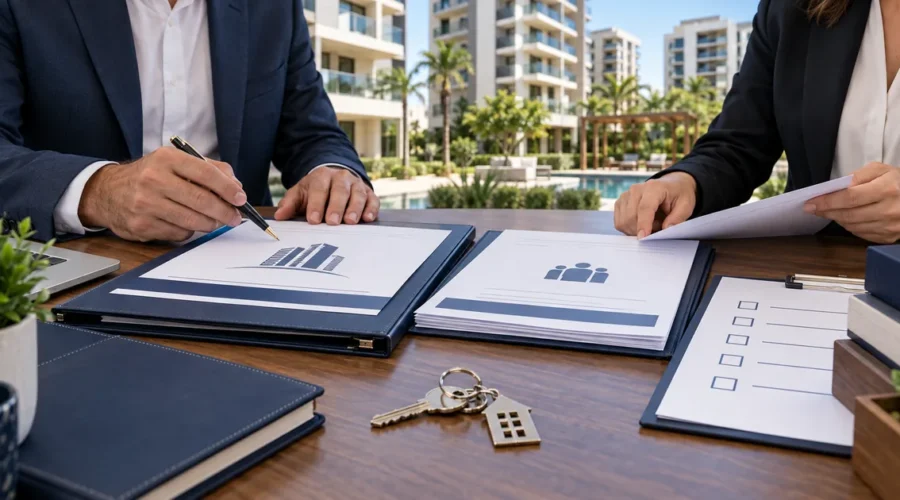 Síndico e advogado revisam checklist diante de condomínio residencial