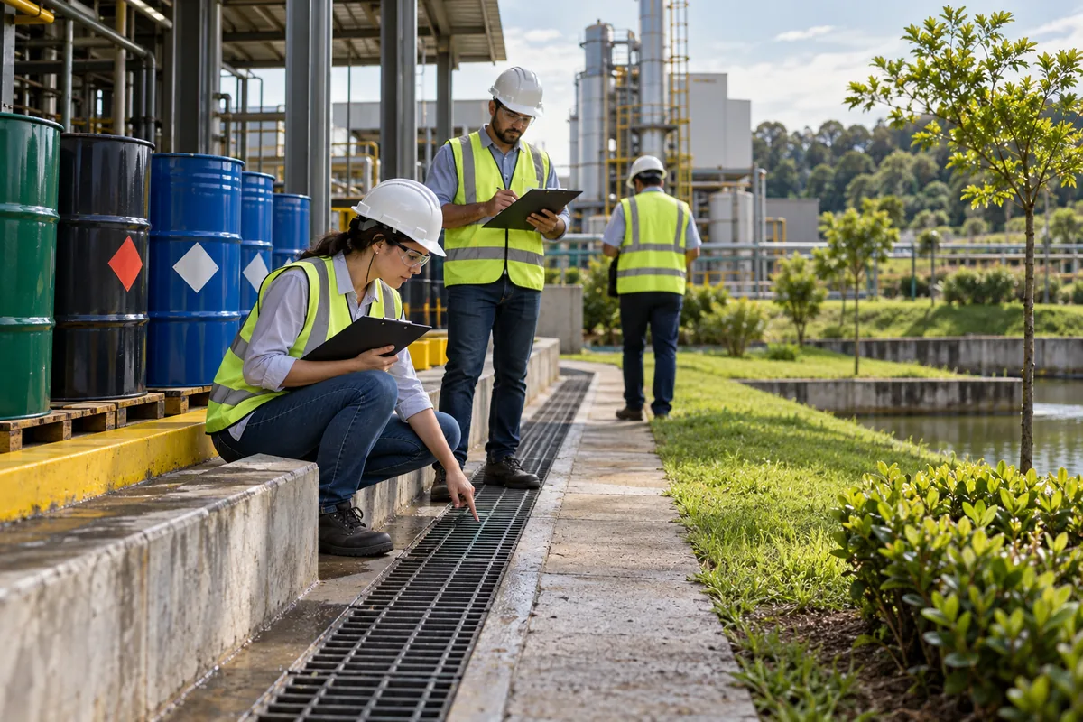Equipe verifica drenagem, armazenamento e controles ambientais em indústria
