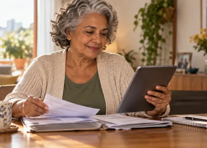 Aposentada confere documentos e valor do benefício em um tablet