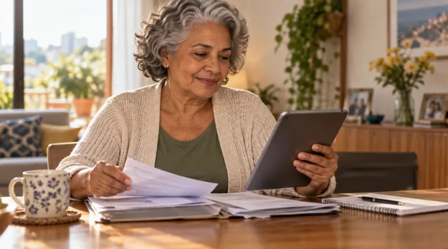 Aposentada confere documentos e valor do benefício em um tablet