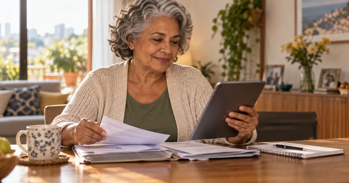 Aposentada confere documentos e valor do benefício em um tablet