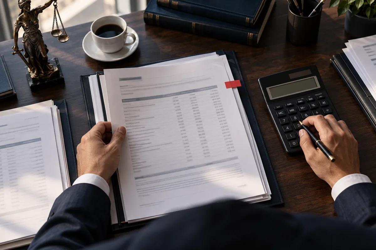 Profissional revisa documentos de autuação fiscal e cálculo tributário