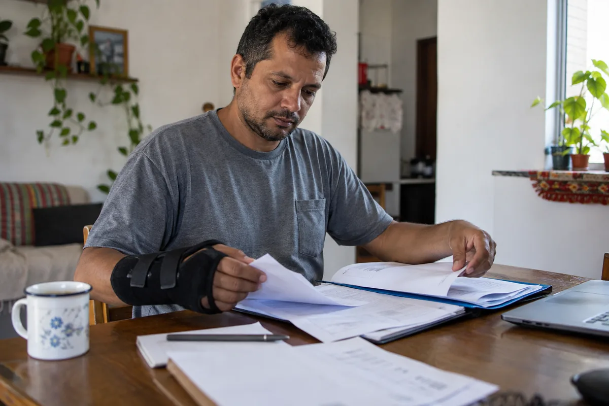 Trabalhador organiza documentos após acidente