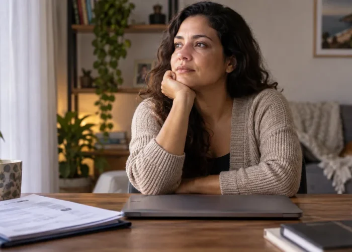 Trabalhadora em afastamento por depressão organiza documentos