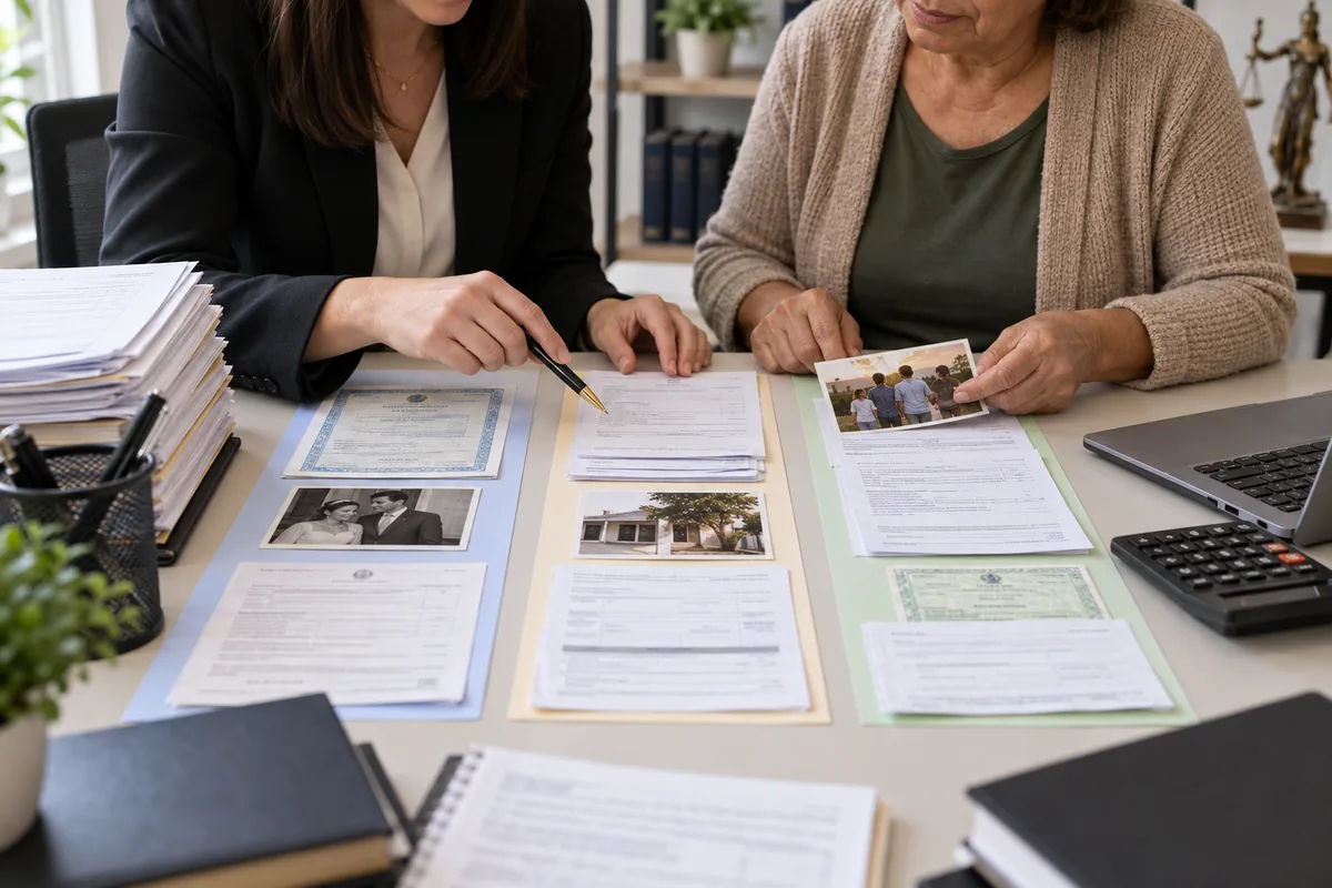 Advogada e cliente organizam certidões, extratos e documentos familiares em linhas do tempo