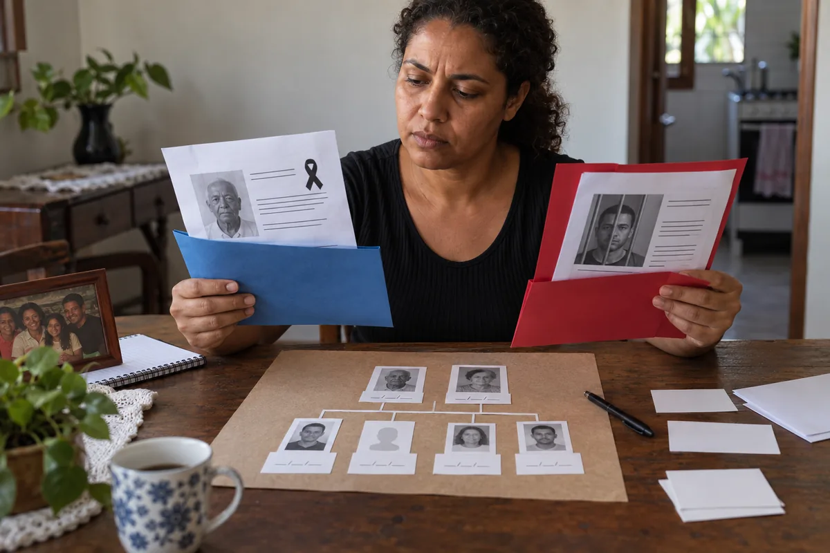 Mulher compara documentos de pensão e auxílio-reclusão com árvore familiar