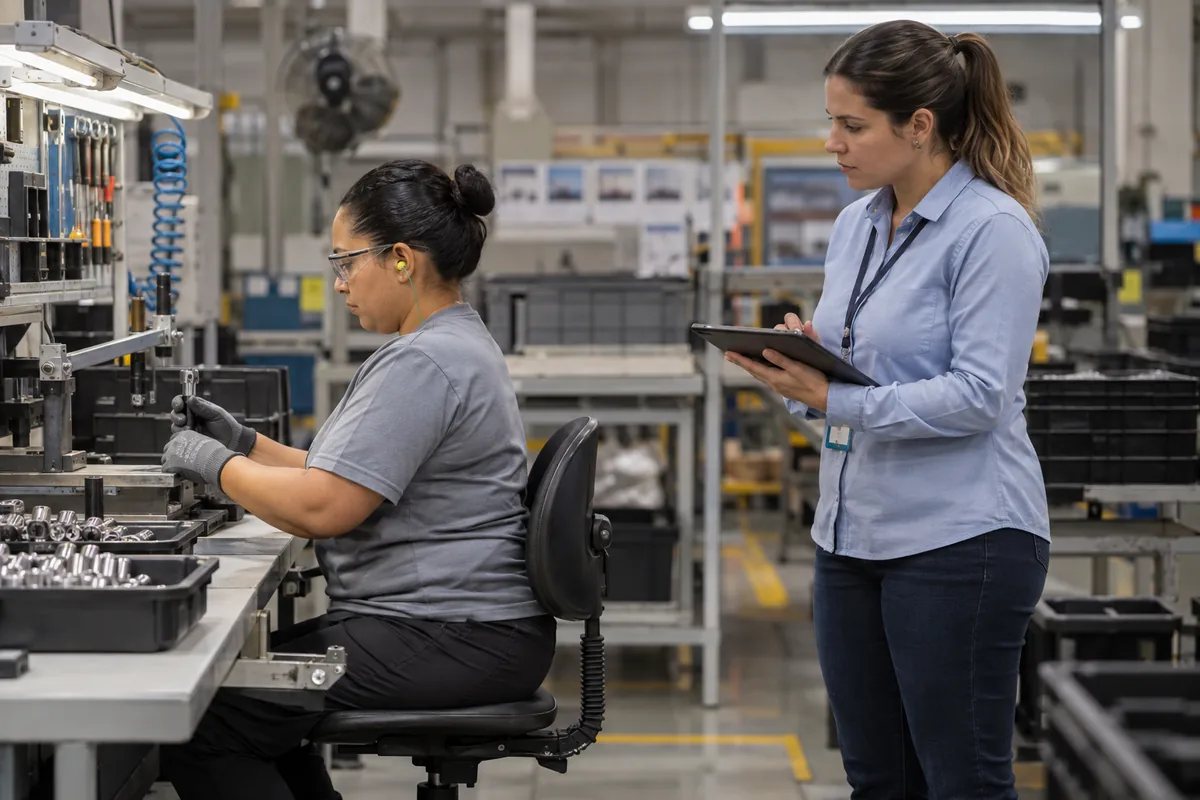 Ergonomista observa tarefas e condições em posto de trabalho industrial