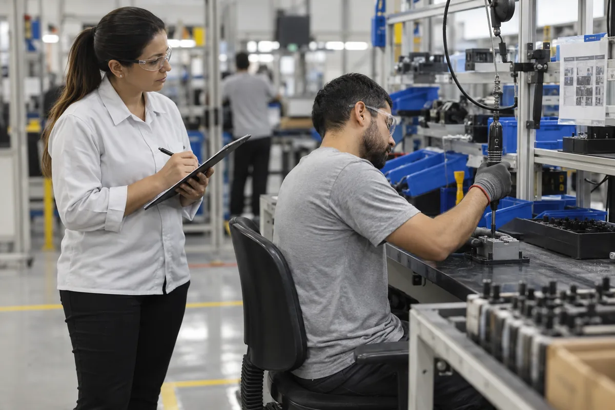 Ergonomista observa postura e repetição na estação de trabalho