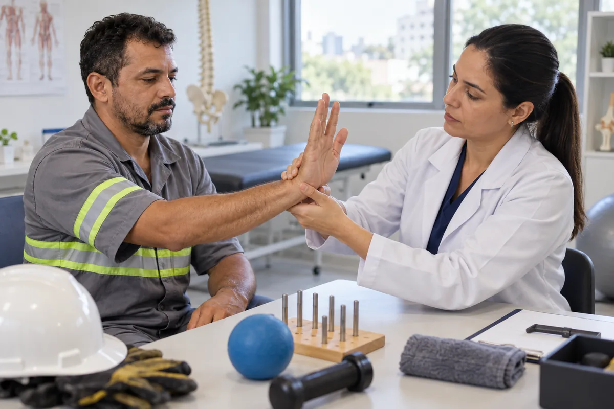 Profissional avalia mobilidade de trabalhador com sequela permanente