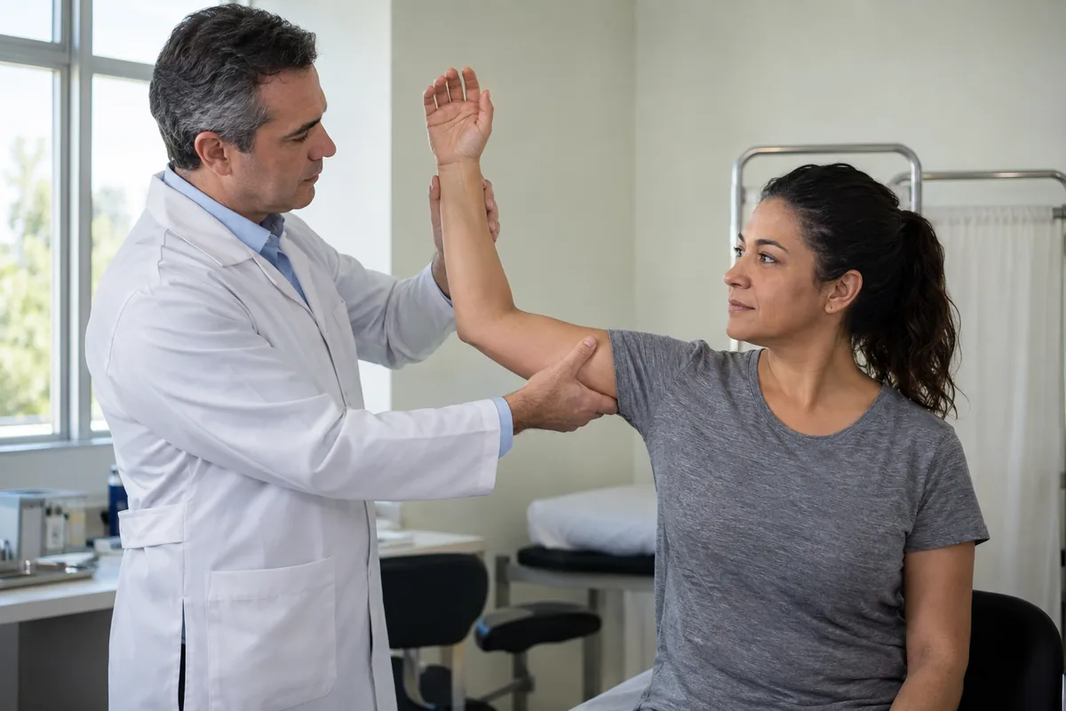 Médico avalia mobilidade do ombro de trabalhadora em consulta