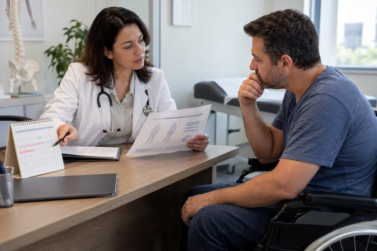 Médica conversa com paciente sobre limitações funcionais e período de afastamento