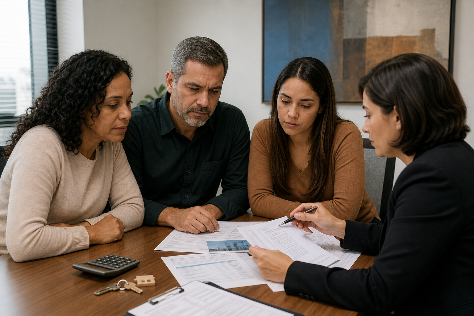 Família reunida com advogada para analisar documentos e valor de imóvel em inventário