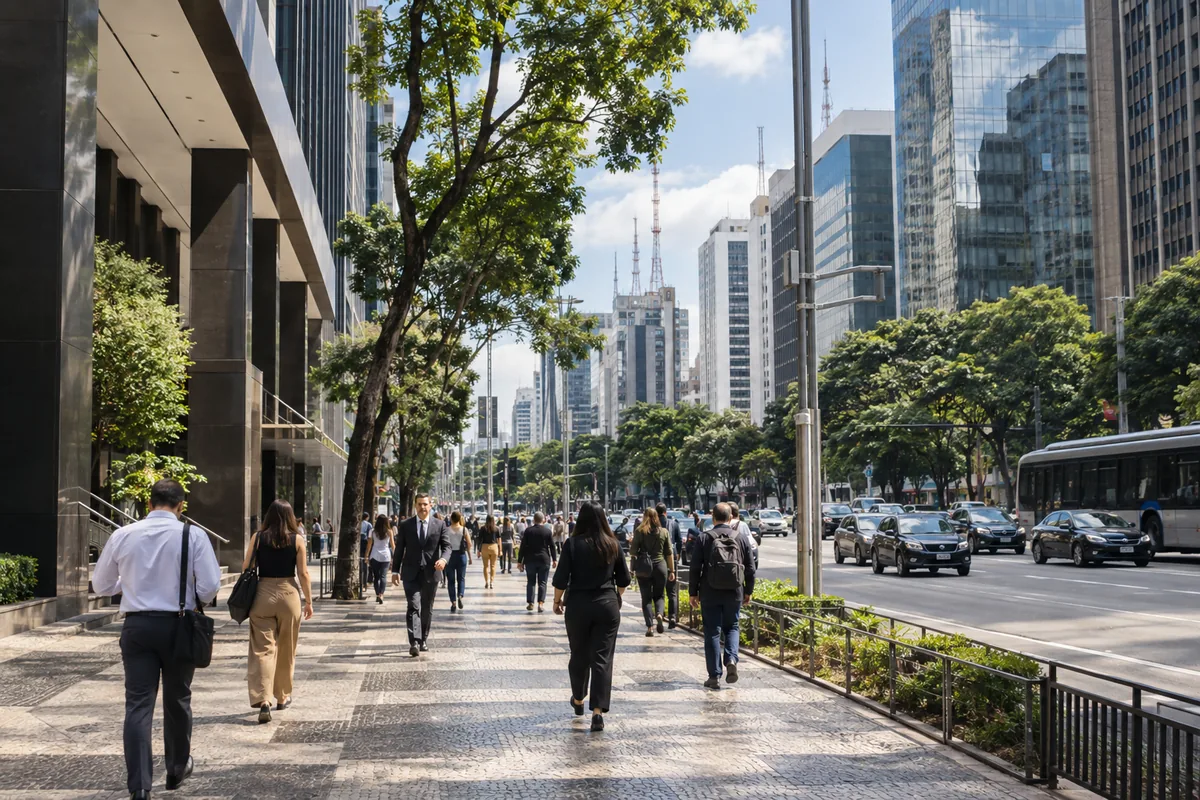 Movimento de pedestres e edifícios corporativos na Avenida Paulista