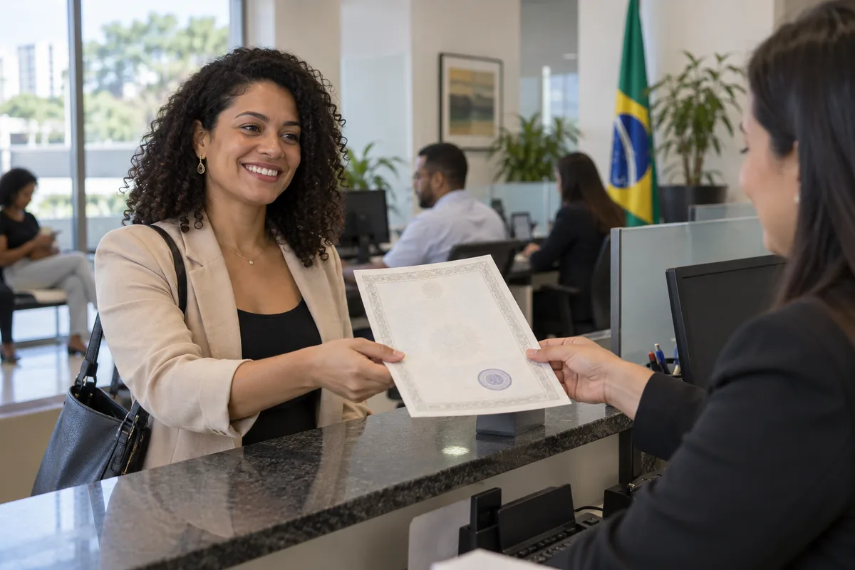 Mulher recebe certidão de casamento atualizada no Registro Civil