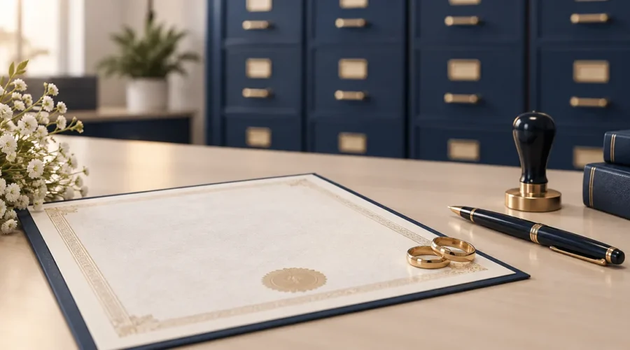 Certidão e alianças para atualização do registro de casamento