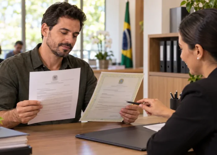 Pessoa compara mandado e certidão atualizada com atendente