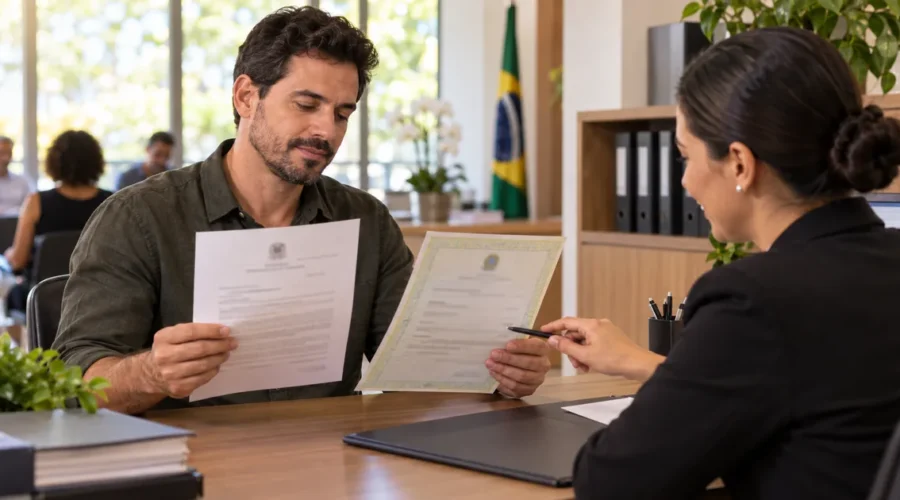 Pessoa compara mandado e certidão atualizada com atendente