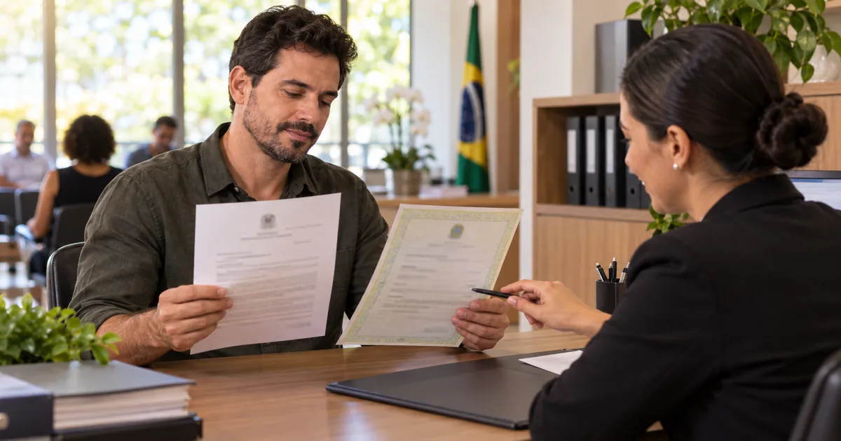 Pessoa compara mandado e certidão atualizada com atendente